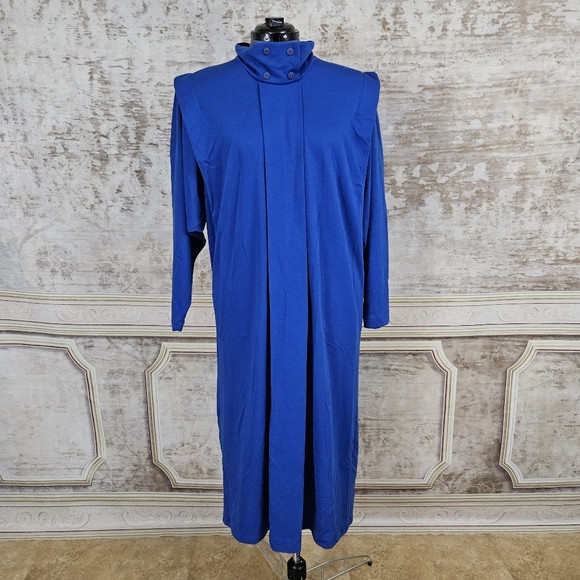 Vintage 80s Avante Garde Blue Dress M VTG 1980s Shirtdress Cobalt Wool Blend - Picture 10 of 11